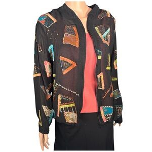 Chico's Artisan Patchwork Embellished Zip Up Jacket Black Bohemian Beaded L